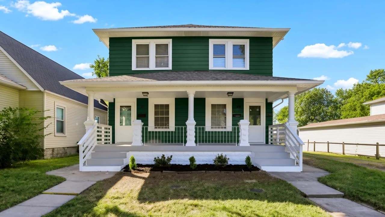 Green two-story house with a white porch and two front entrances
